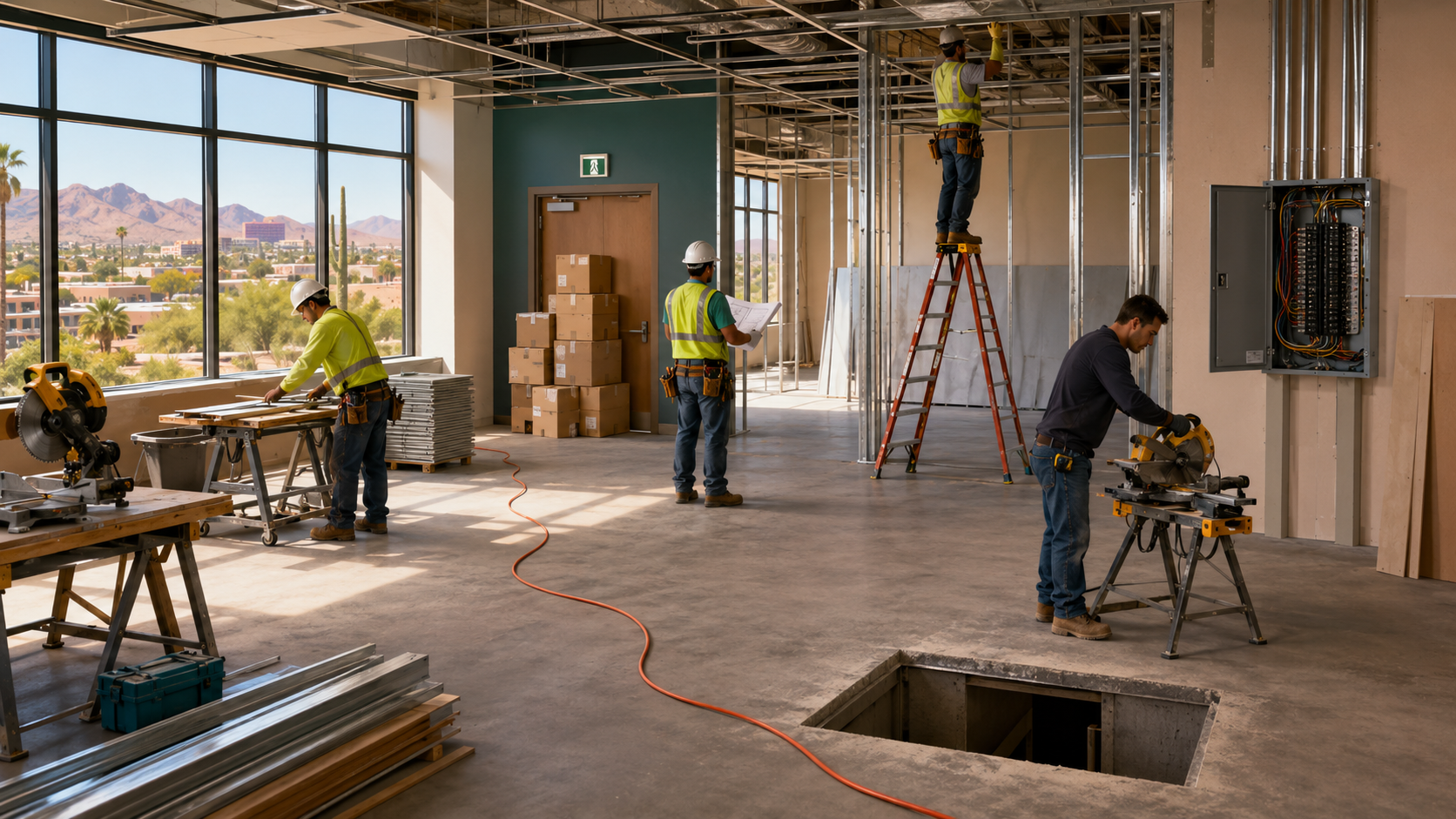 Illustrated commercial renovation jobsite containing six construction problems